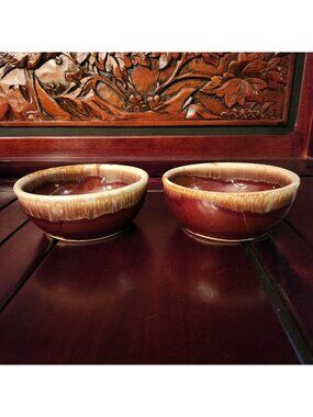 Vintage 5" Brown Drip Glaze Ceramic Bowls - Set Of 2 - USA Made